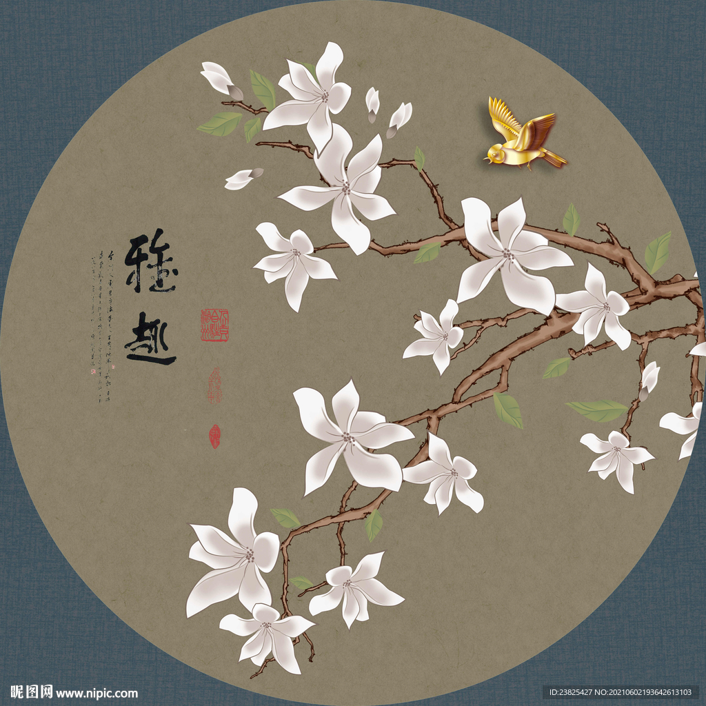 新中式手绘工笔花鸟圆形装饰画