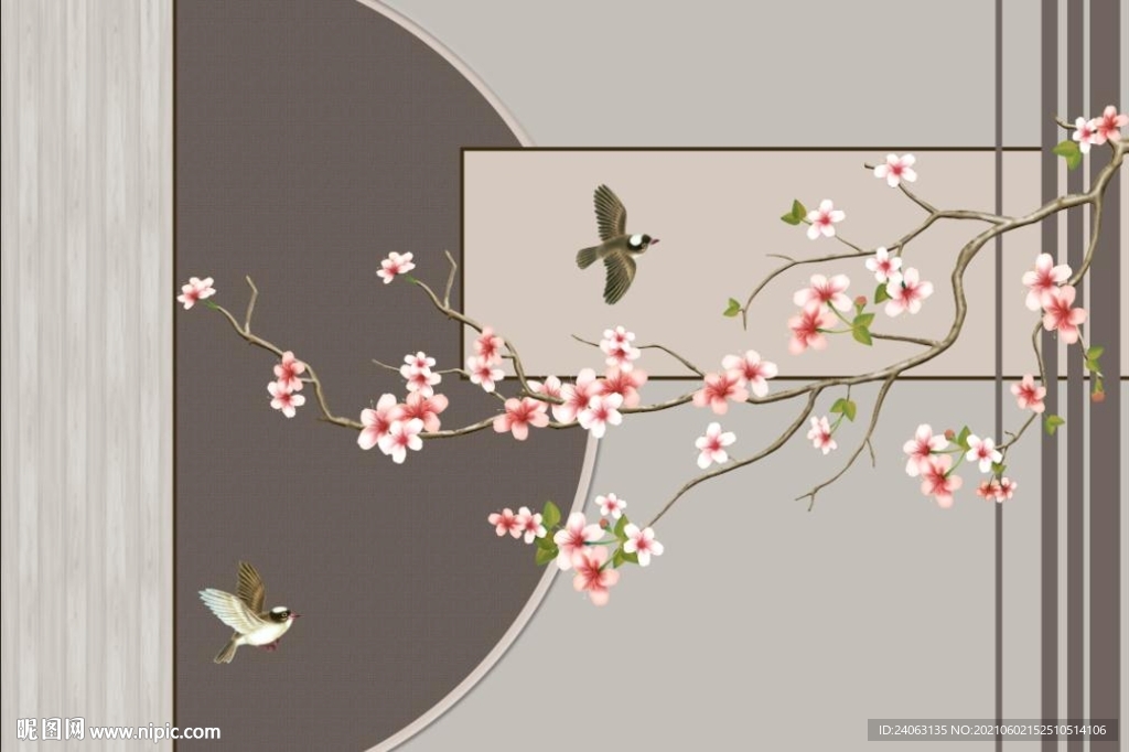 现代几何工笔花鸟悬空背景墙