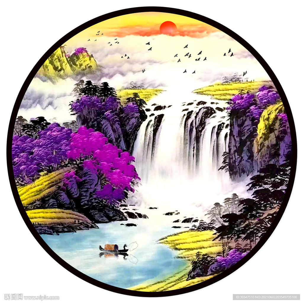 圆形手绘紫气东来装饰画