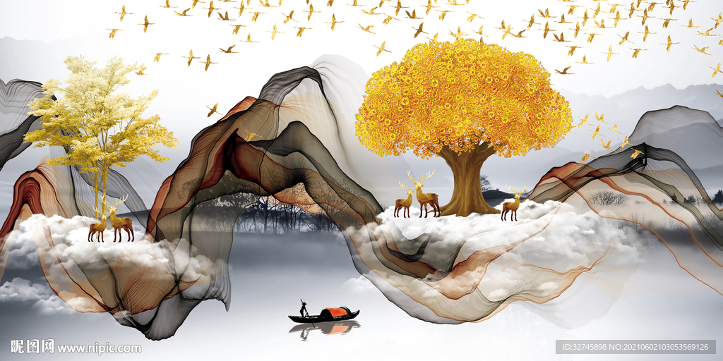 飞鸟麋鹿山水装饰画