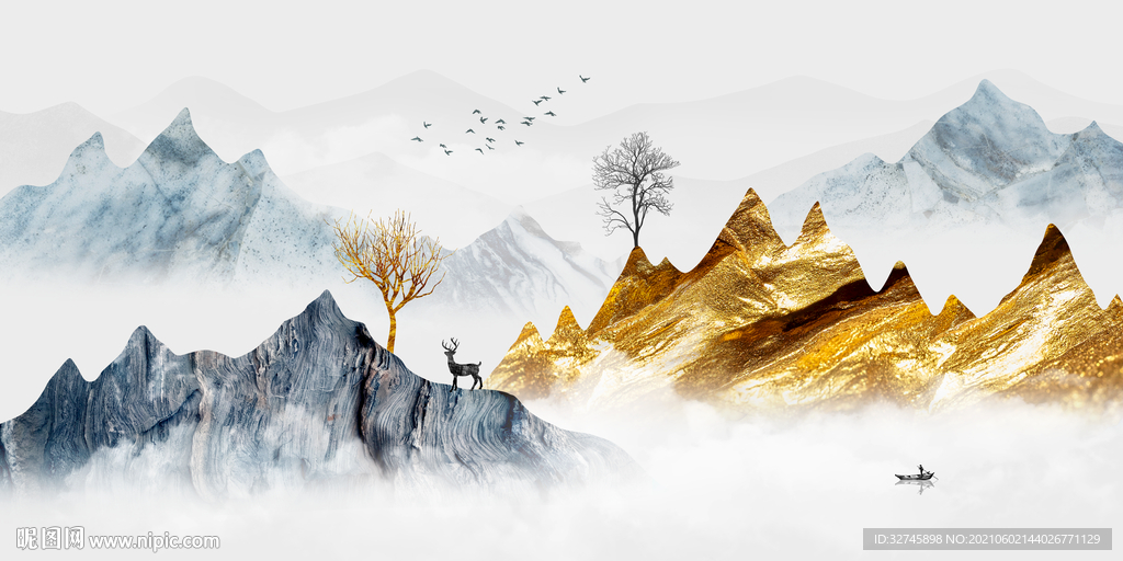 金色山水麋鹿山水