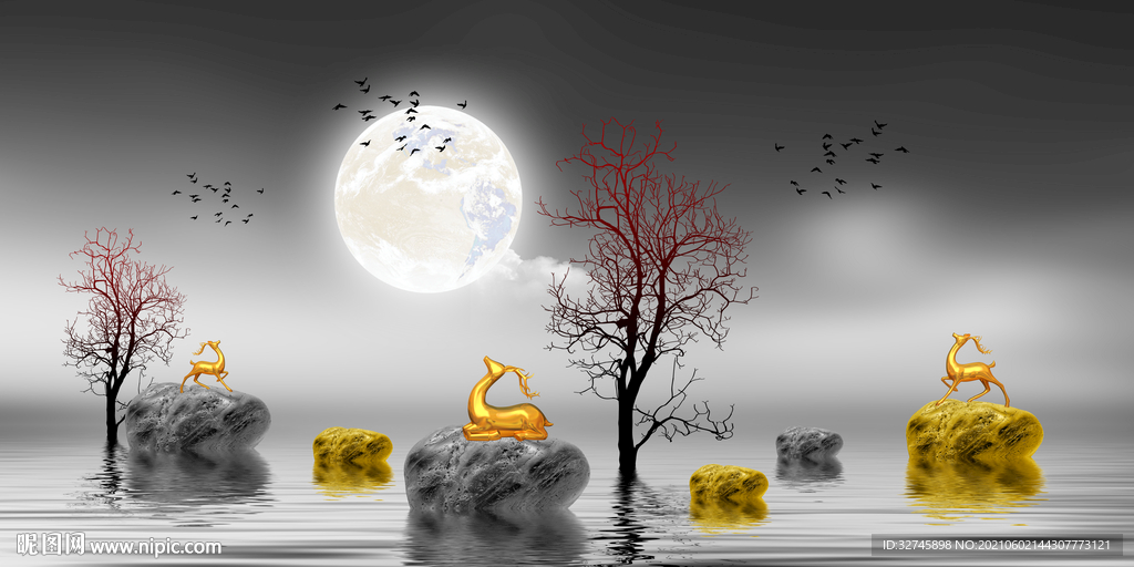 转运石麋鹿装饰画