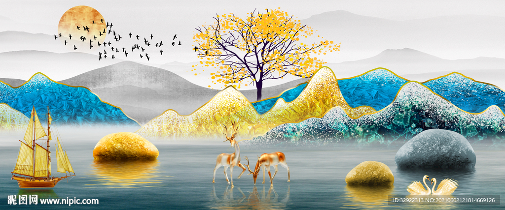 麋鹿山水晶钻画 金色山水