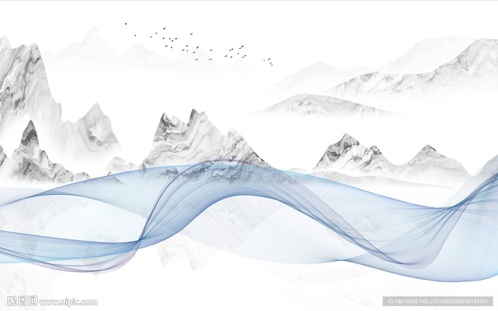 曲线水墨山水爵士白新中式背景墙