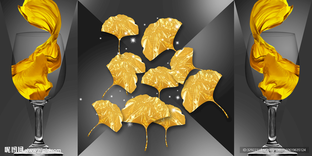 高脚杯银杏叶三联画