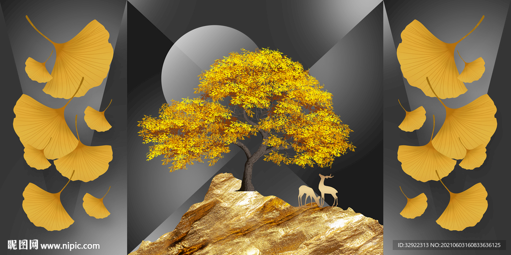 银杏叶麋鹿装饰画