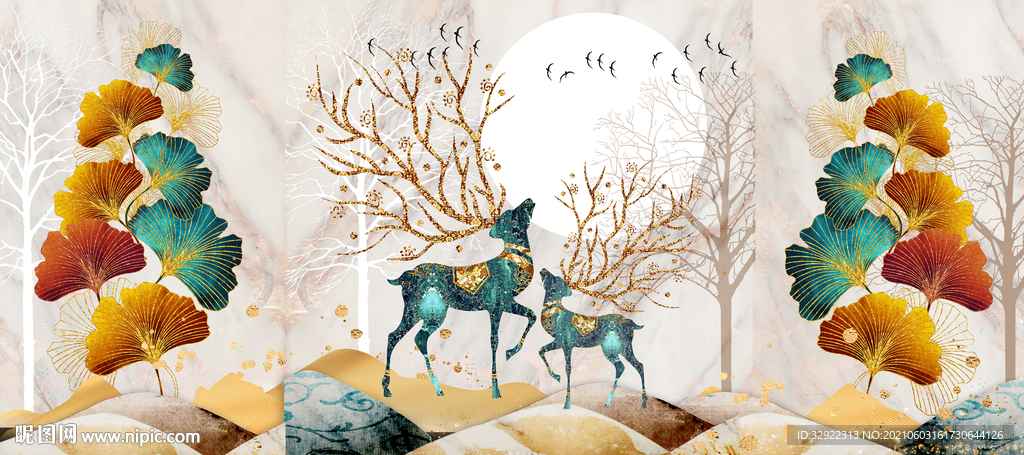 发财叶麋鹿三联画玄关