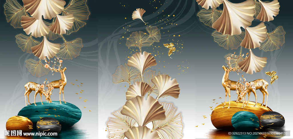 金色麋鹿三联画