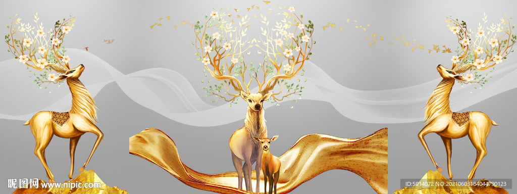 晶瓷画 三联画 鹿