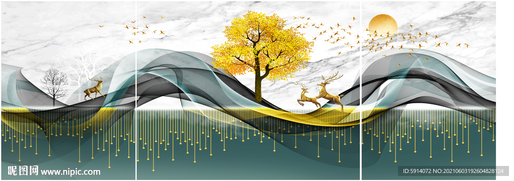 晶瓷画 三联画 鹿