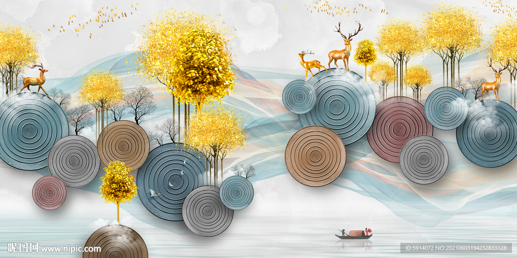 晶瓷画 三联画 新中式 鹿