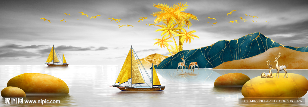 晶瓷画 三联画 新中式 帆船