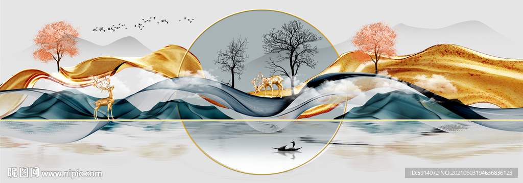 晶瓷画 三联画 新中式 鹿