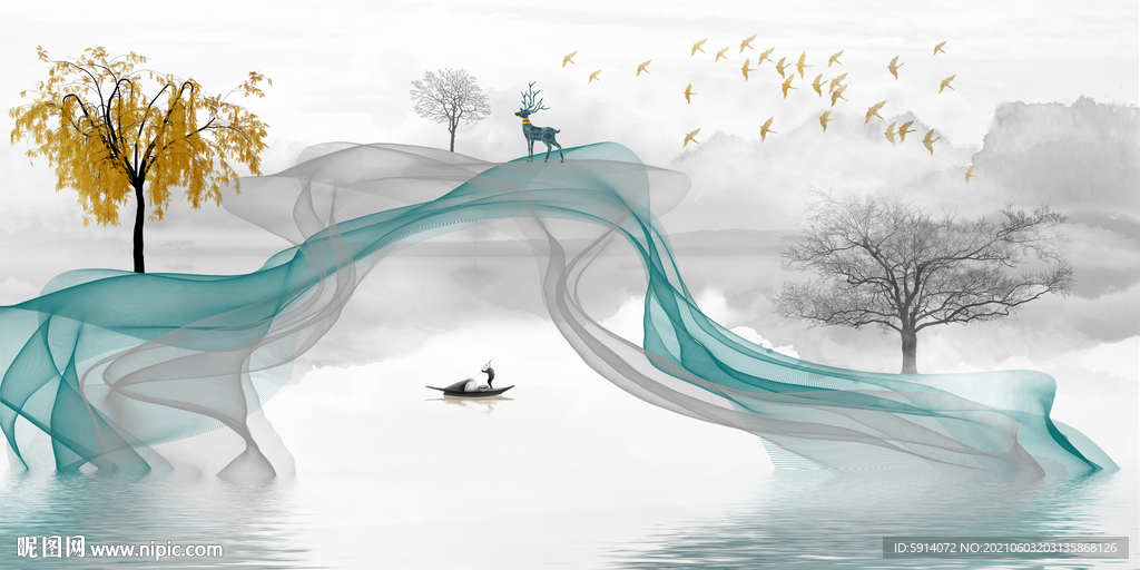 三联画 新中式 背景墙 鹿