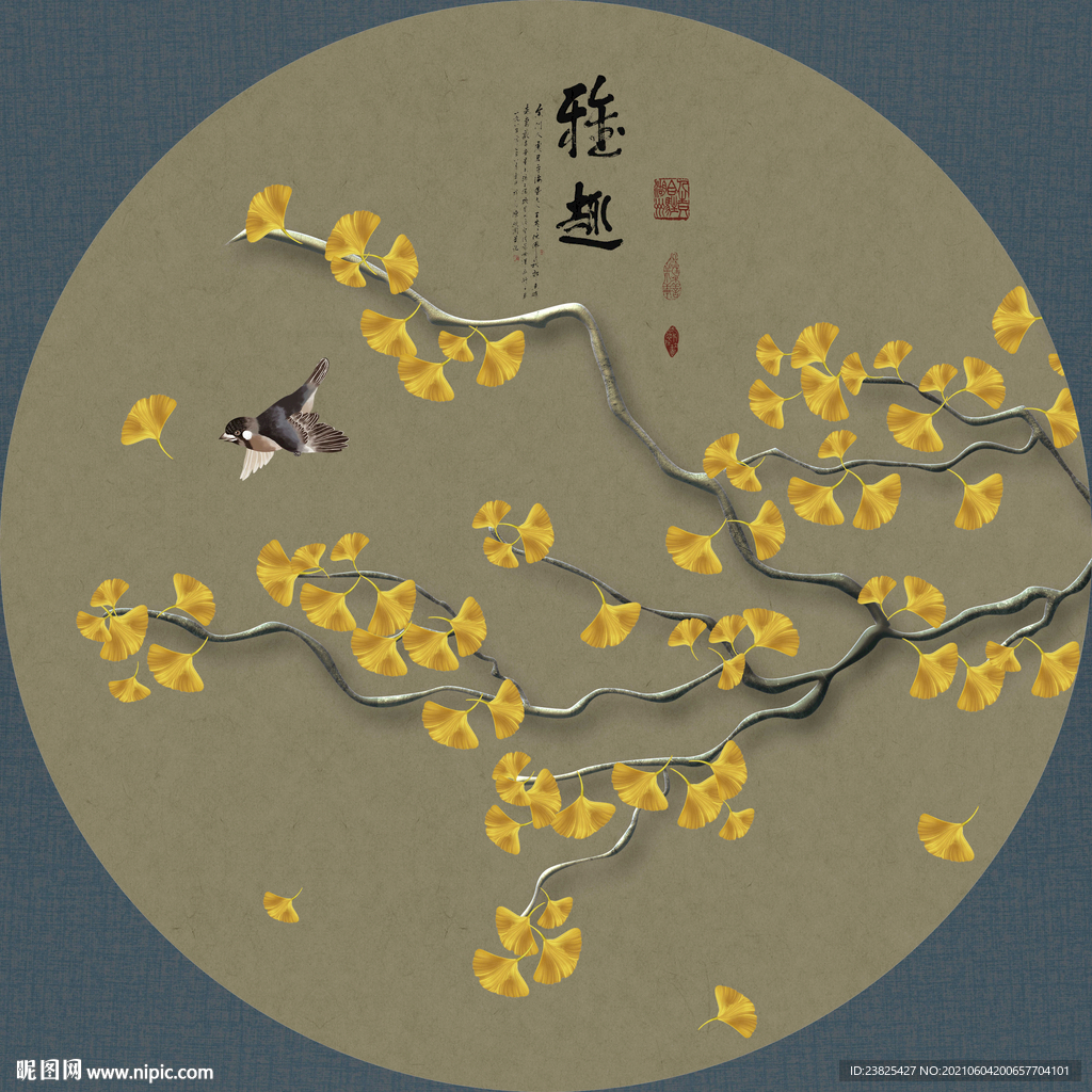 新中式工笔花鸟圆形装饰画