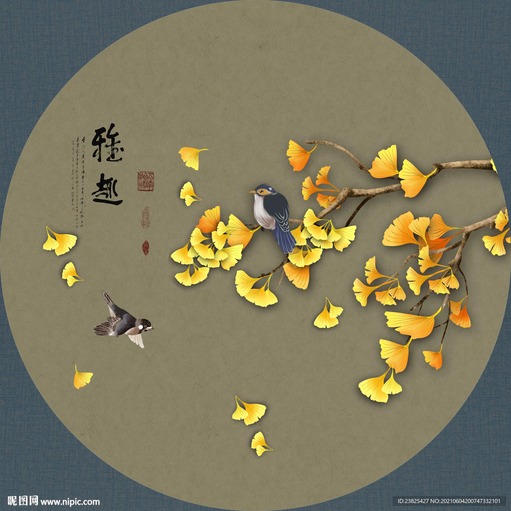 新中式工笔花鸟圆形装饰画