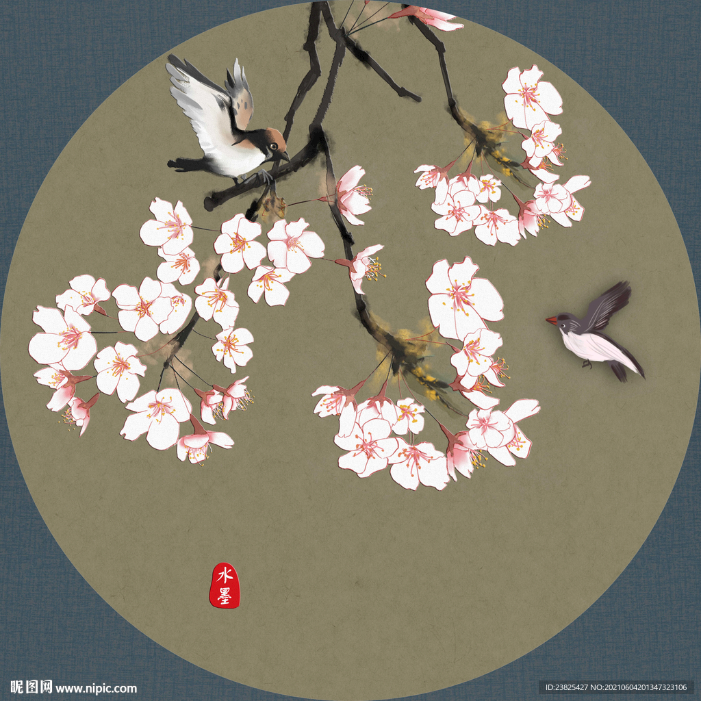 新中式手绘工笔花鸟圆形装饰画