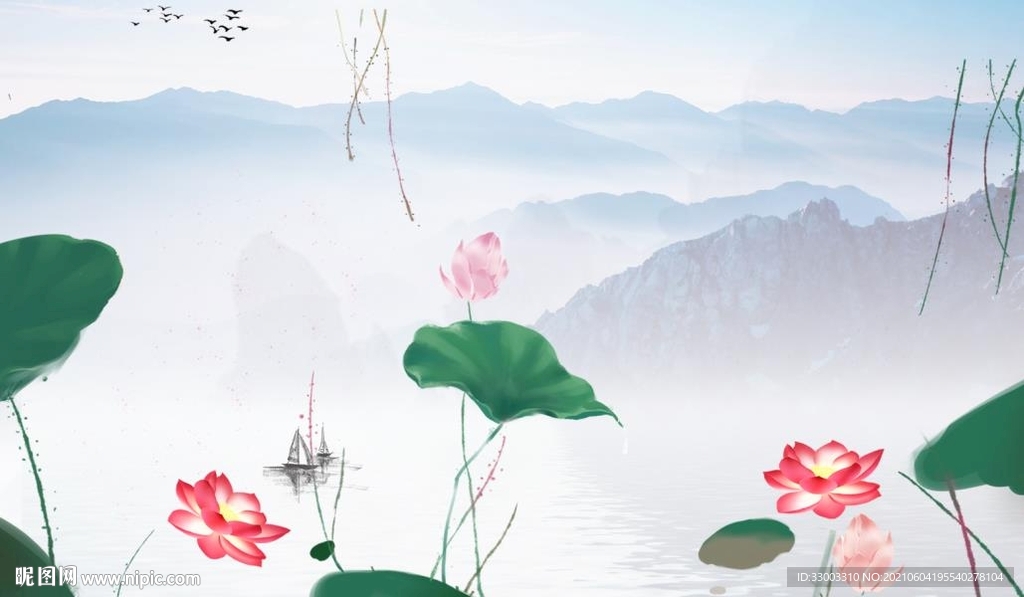 荷花新中式山水背景墙