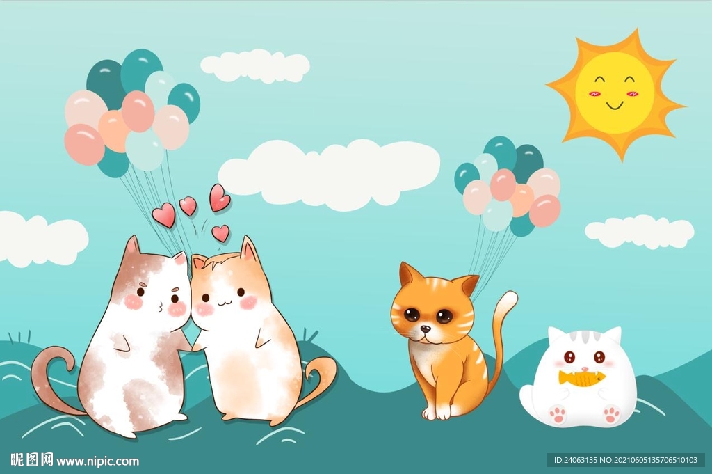可爱猫咪气球太阳儿童房间壁画