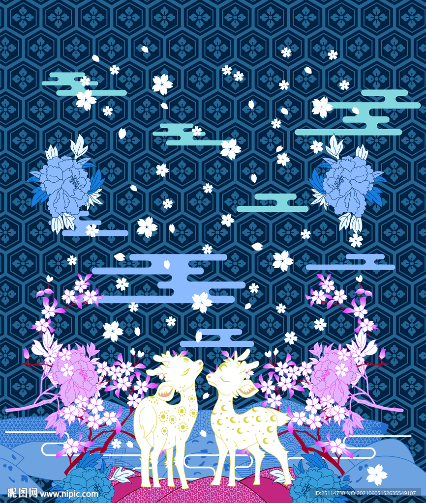 小鹿 花朵 数码印花 几何