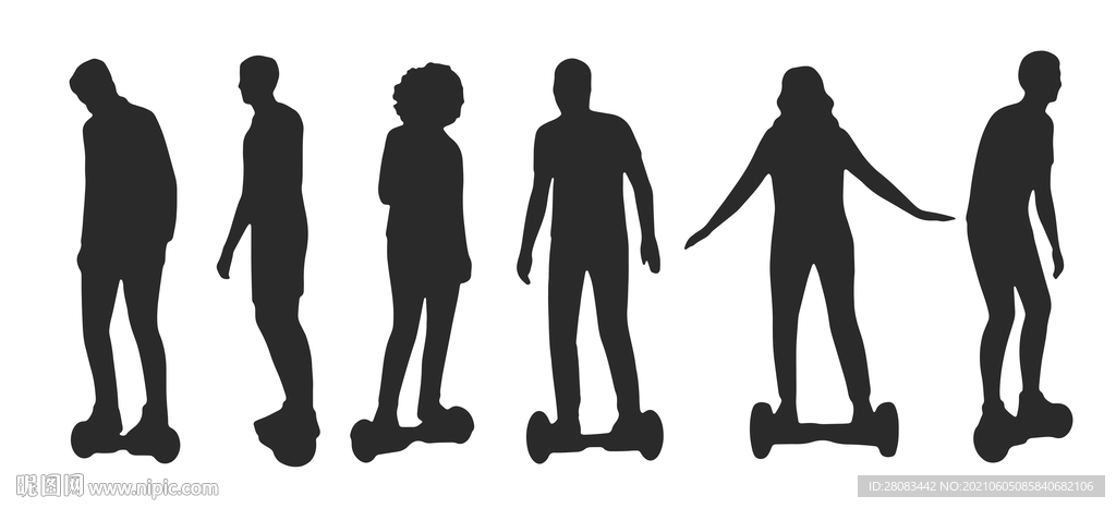 手绘人物平衡车轮廓剪影矢量图