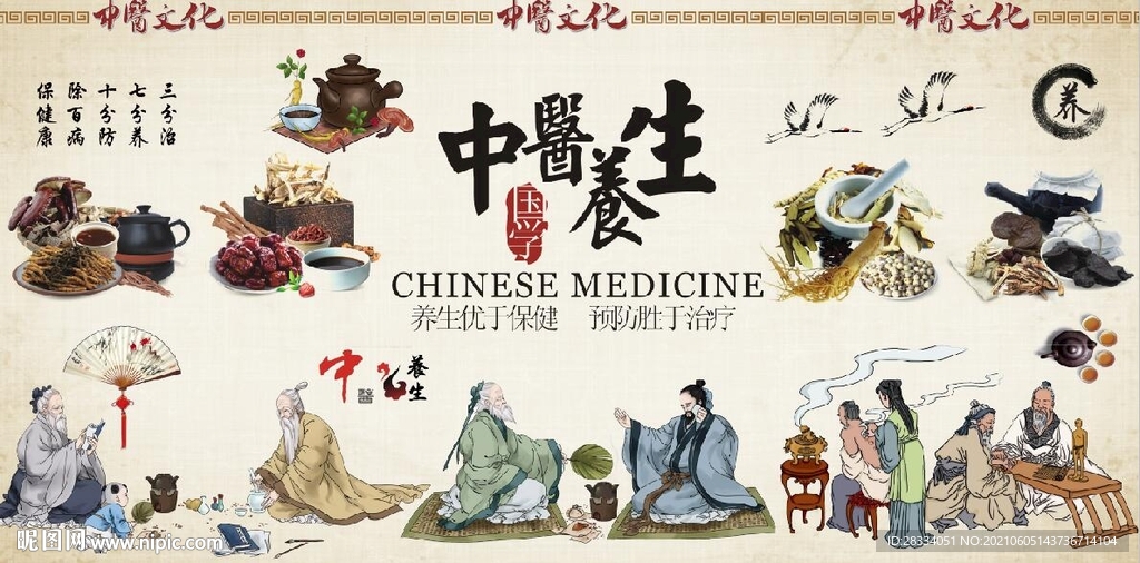 复古怀旧中医养生背景墙壁画