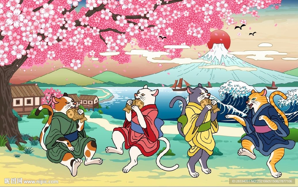 浮世绘樱花招财猫日本料理背景墙