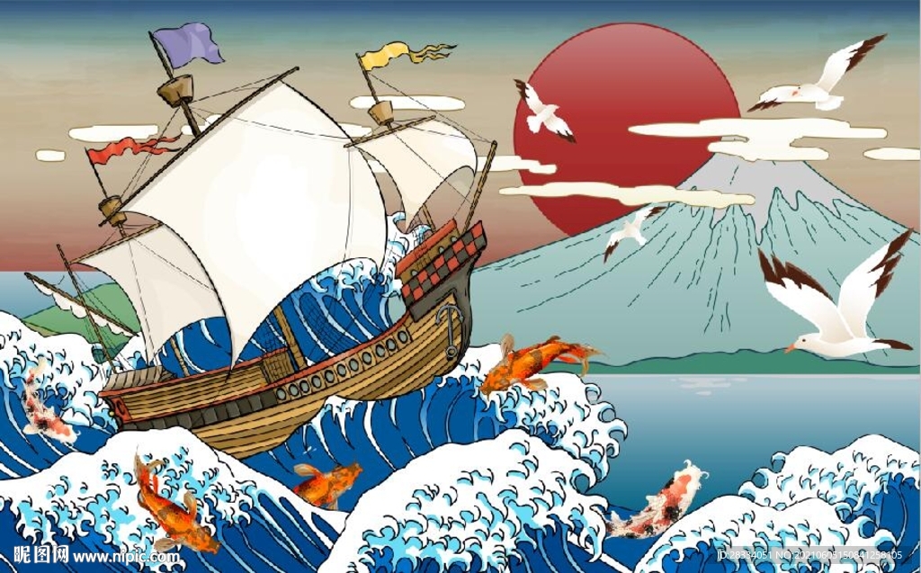 浮世绘大海帆船日本料理背景墙