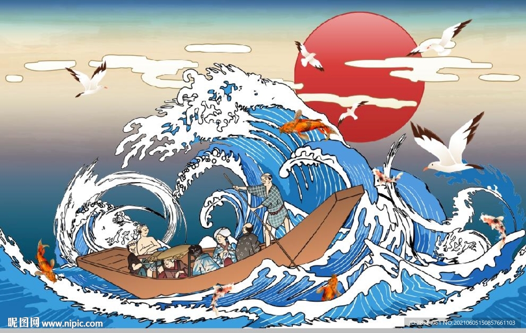 浮世绘大海木船日本料理背景墙