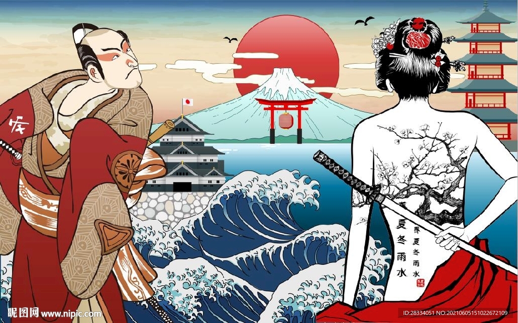 浮世绘日本料理餐饮背景墙壁画