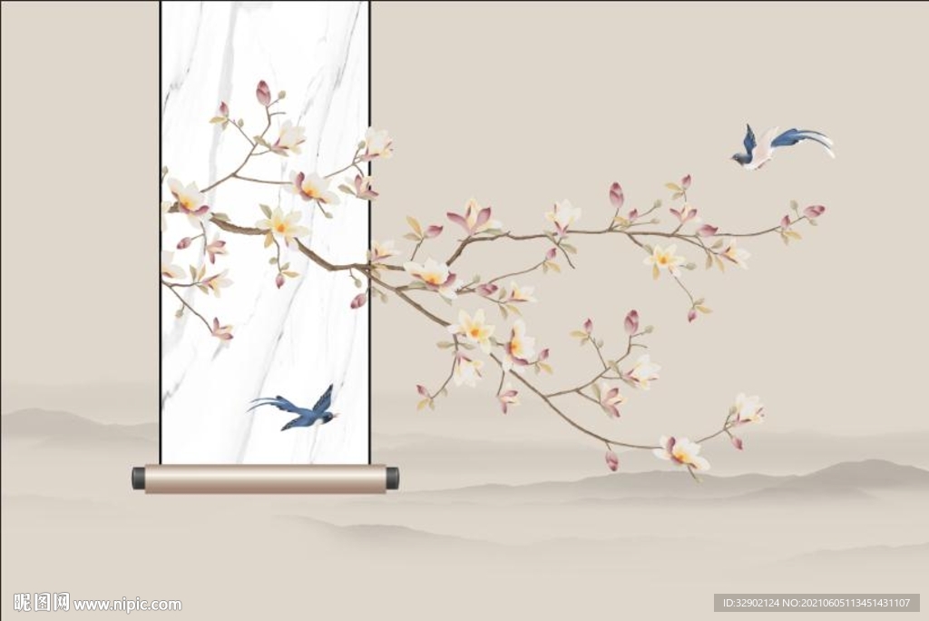 中式工笔花鸟鸟语花香背景墙