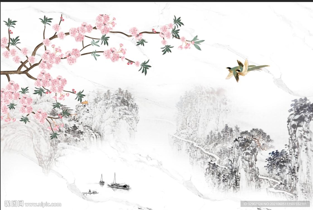 中式工笔花鸟鸟语花香背景墙