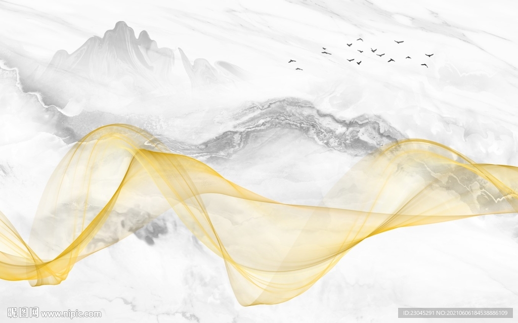 黄色丝带山水背景墙