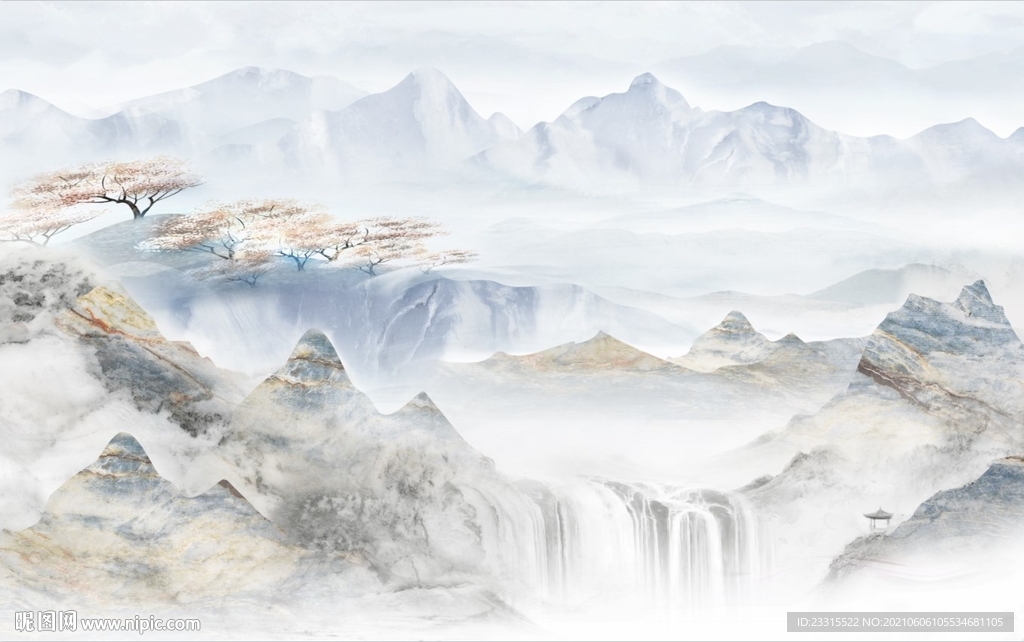 高山流水新中式山水背景墙