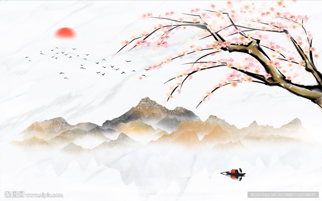 爵士白旭日东升梅花背景墙