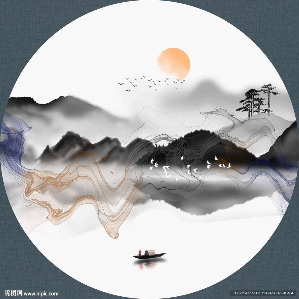 新中式抽象水墨山水圆形装饰画