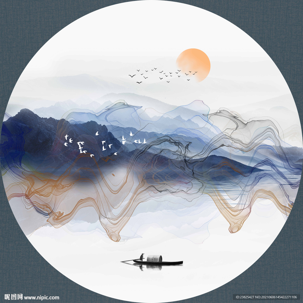 新中式抽象水墨山水圆形装饰画