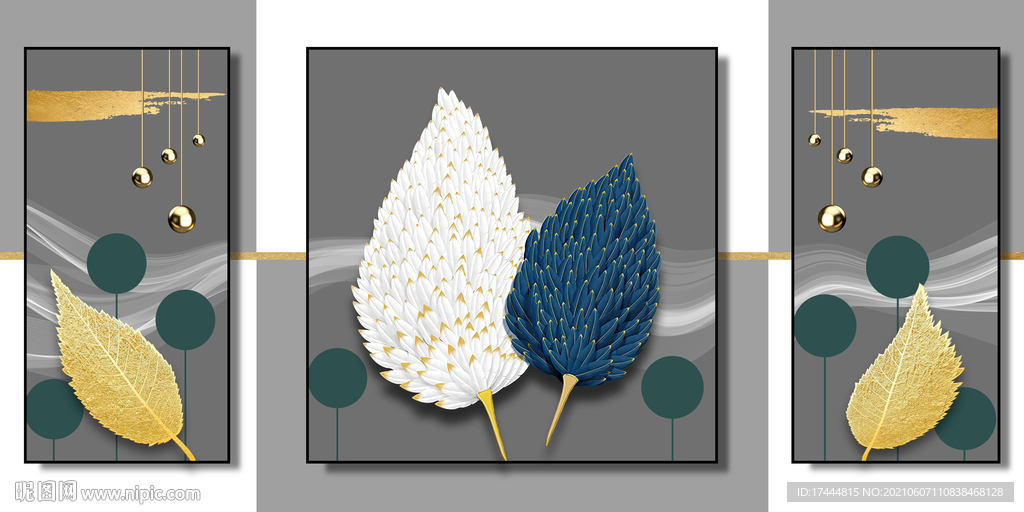金色几何立体羽毛浮雕装饰画