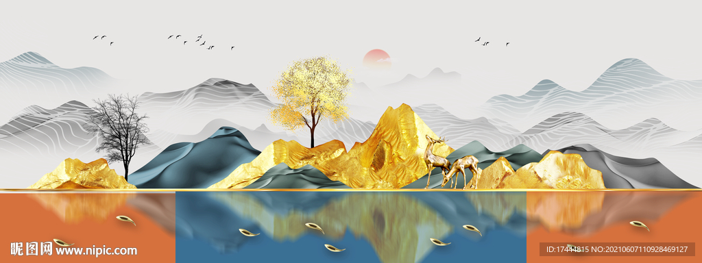 金色抽象山水发财树新中式装饰画