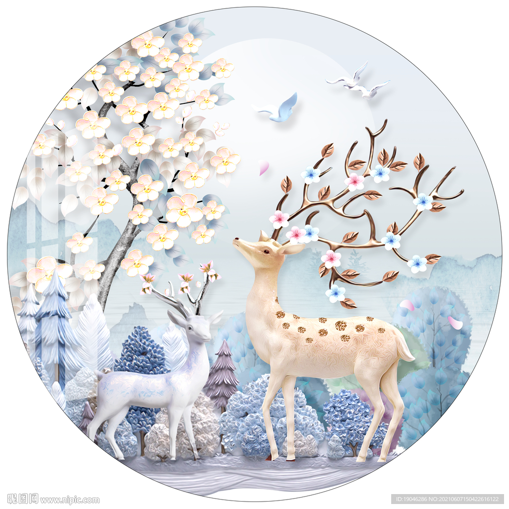 北欧麋鹿招财树圆形装饰画