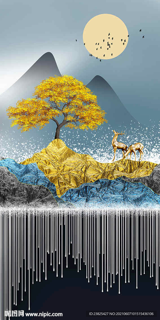 新中式抽象水墨山水发财树装饰画