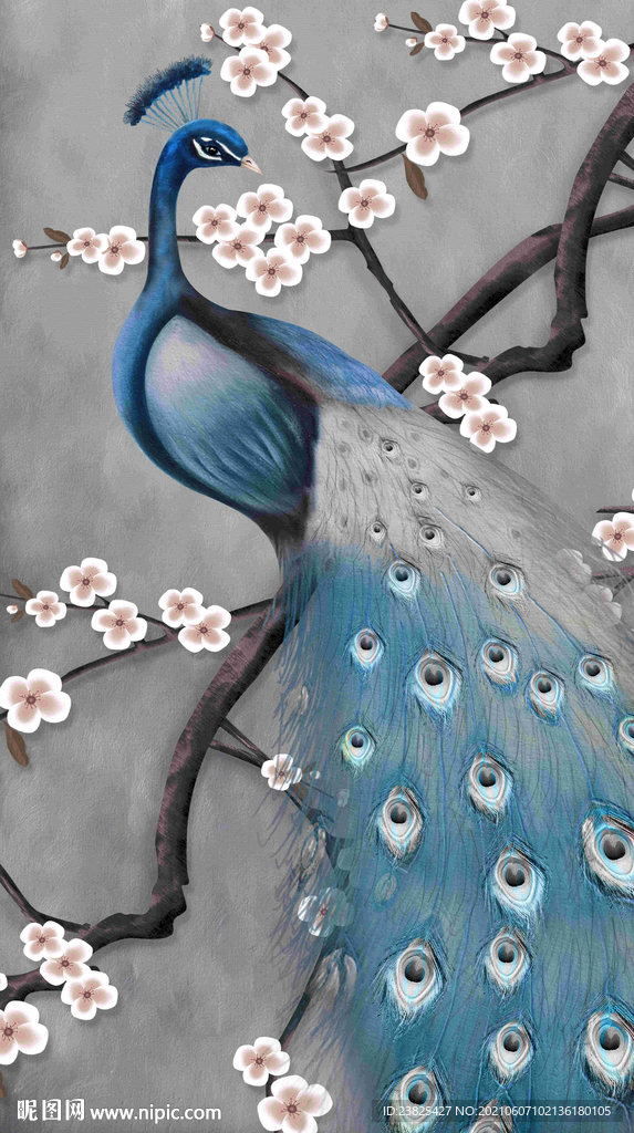 新中式手绘玉兰花鸟孔雀玄关背景