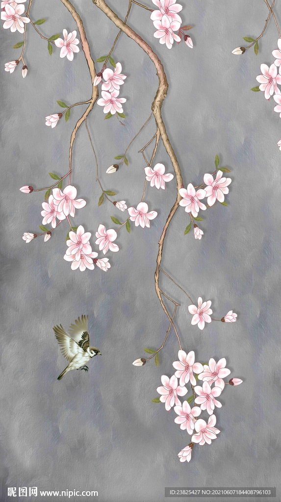 新中式手绘玉兰花鸟玄关背景墙