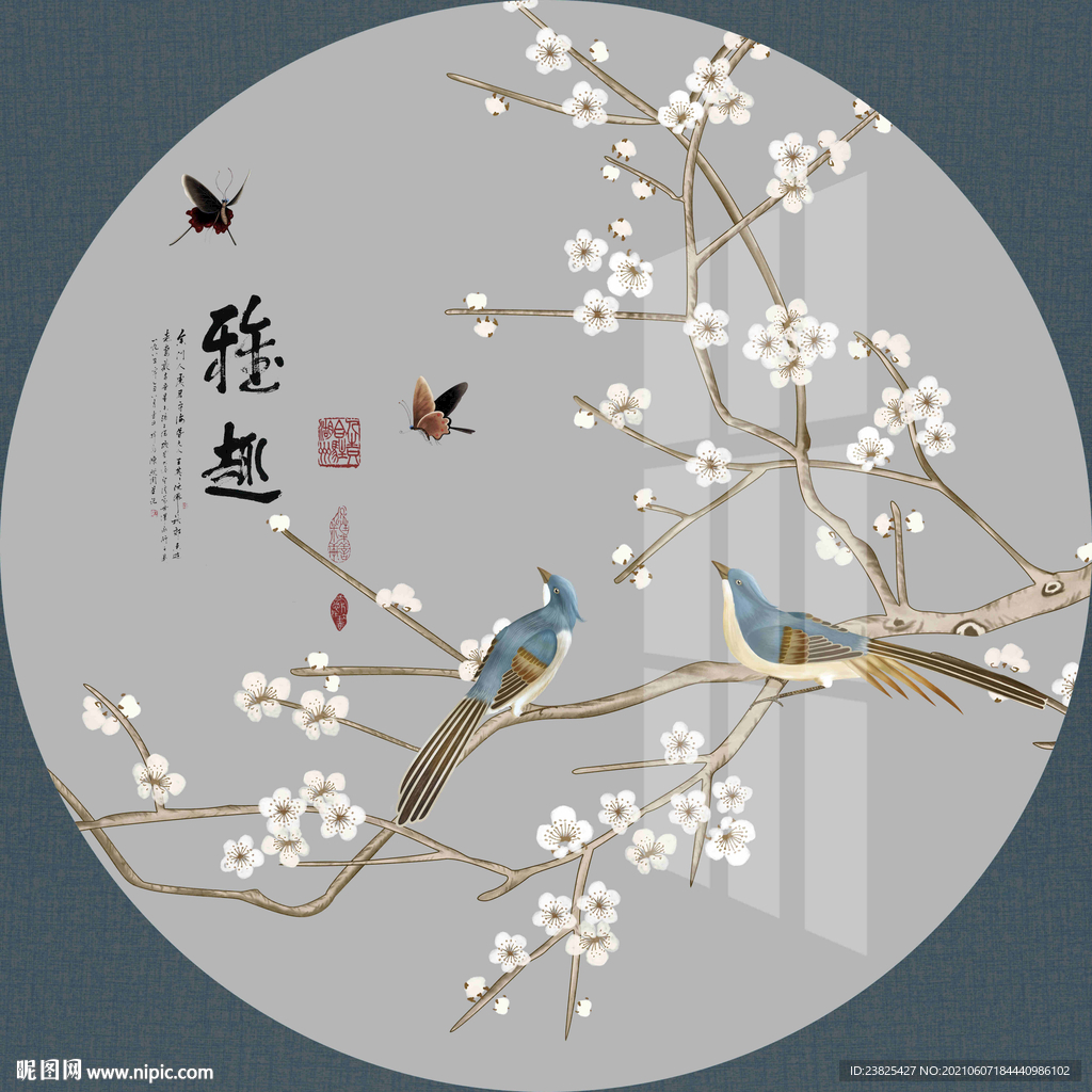 新中式手绘工笔花鸟圆形装饰画