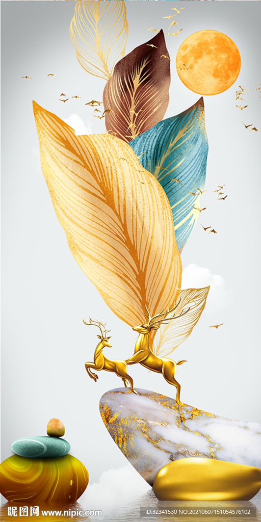 麋鹿抽象几何羽毛玄关装饰画