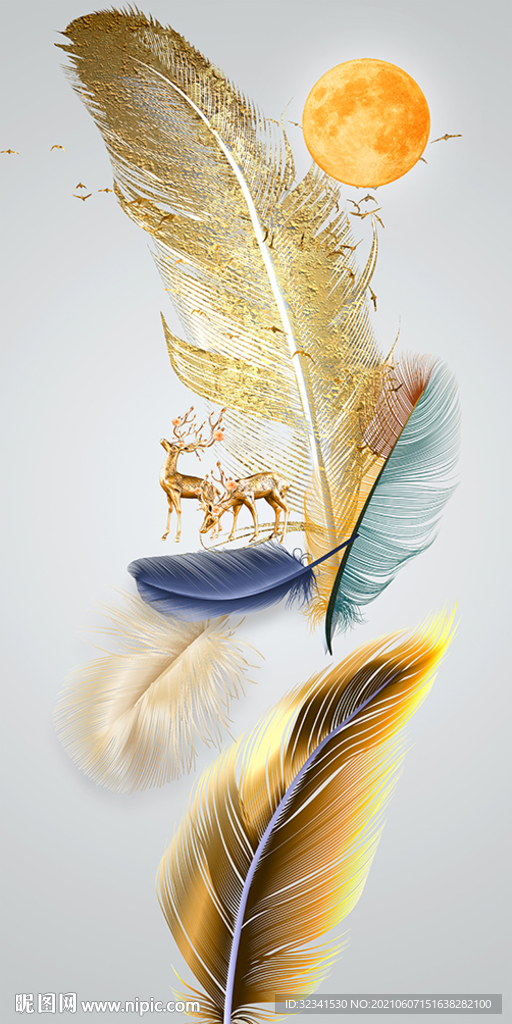 麋鹿抽象几何羽毛玄关装饰画