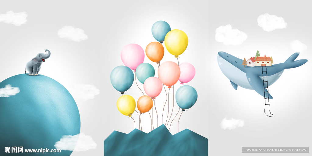 装饰画 三联画 熊 海豚 卡通