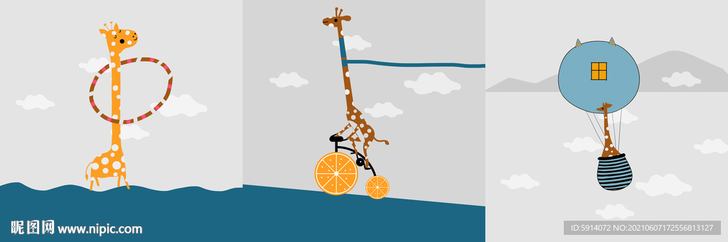 装饰画 三联画 鹿 卡通