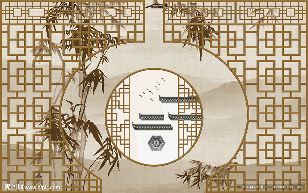 中式镂空边框水墨竹子电视背景墙