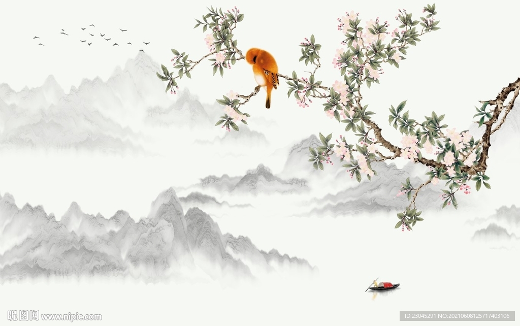 鸟语花香水墨山水背景墙